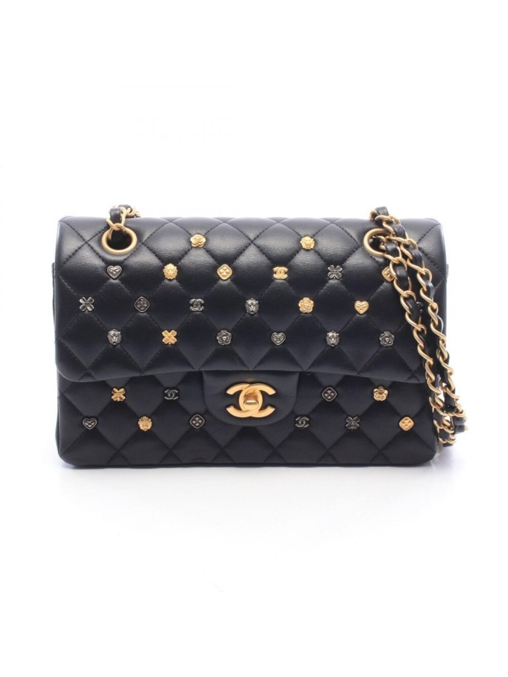 Chanel Shoulder Bag Quilted Double Flap Black Lambskin Key Charm Chain